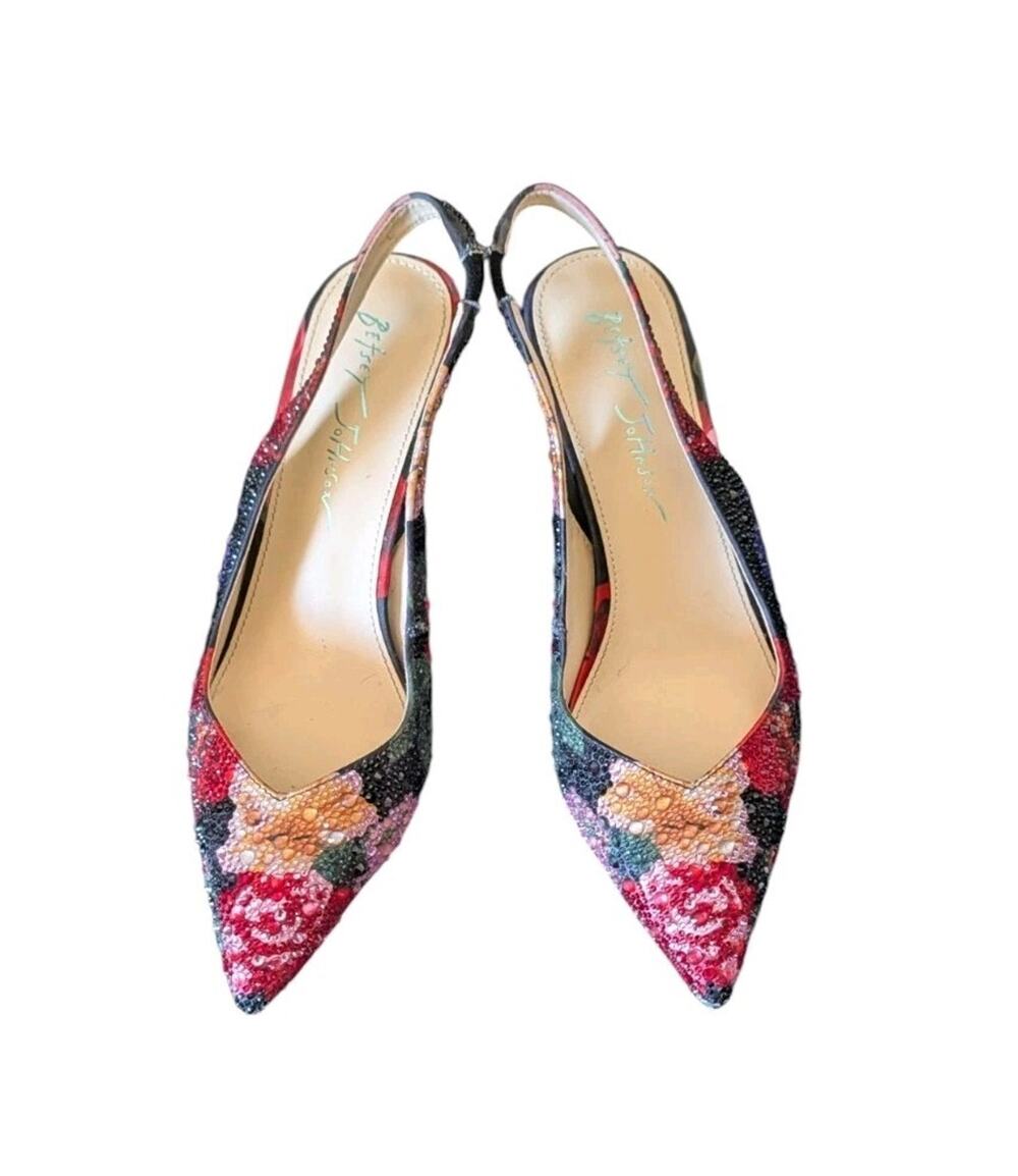 Betsey Johnson Mya Heels Pumps Sz 6 M Floral Rhinestone Pointed Toe Slingback